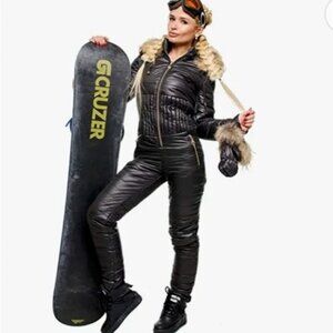 Women's Black Snowsuit with Hood and Gloves Size S